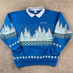Vintage 1990 Lake Tahoe Winter Scene AOP Puff Paint Crewneck Sweatshirt One Size